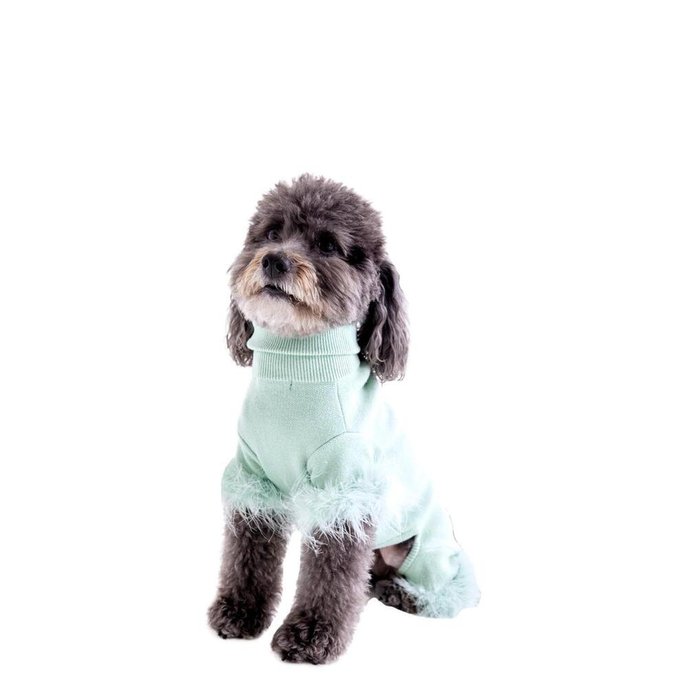 NEW MAXBONE turtleneck luxe pet knit onesie with feather trim in mint